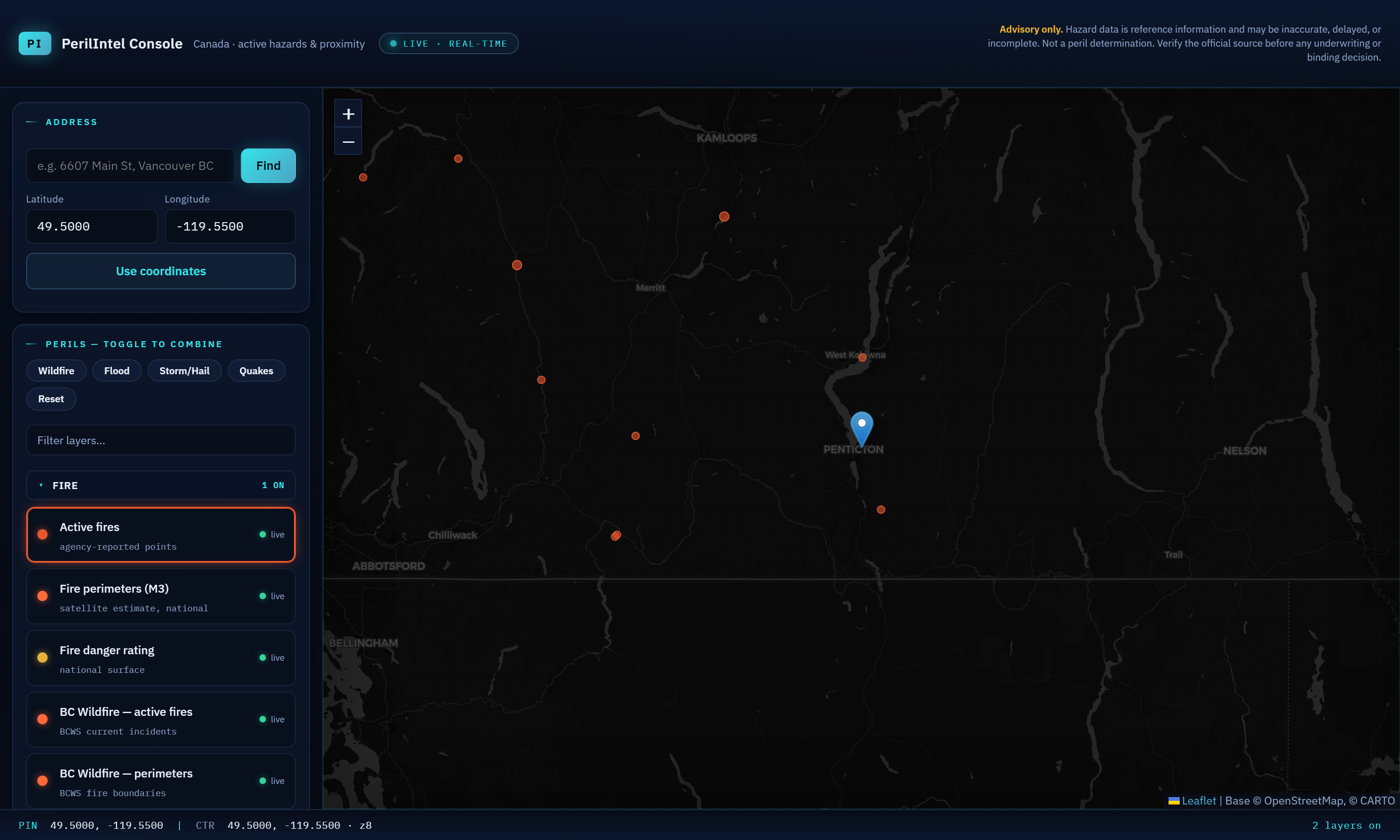 The PerilIntel console — address-level hazard map and triage verdict